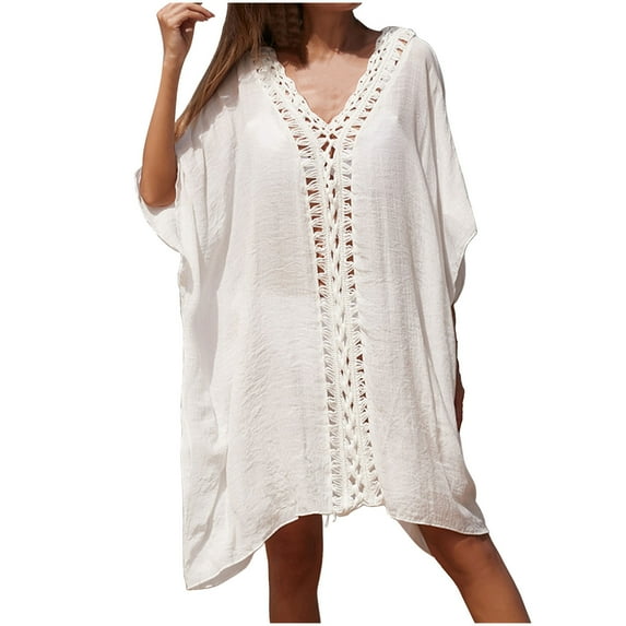 EQWLJWE Women Crochet Cover Up Summer Hollow Out Bathing Suit Cover Ups Loose Fit Bikini Beach Dress Gift White Free Size