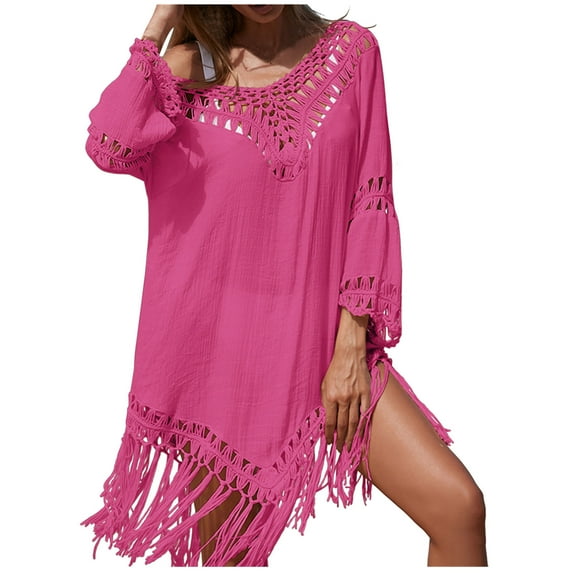 EQWLJWE Women Crochet Cover Ups Summer Hollow Out Bathing Suit Cover Ups Long Sleeve Loose Knit Bikini Beach Dress with Tassel Gift Hot Pink Free Size