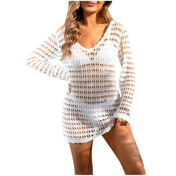 EQWLJWE Women Crochet Knit Mini Dress,Long Sleeve Mesh Cover Ups Dress Summer Beach Wear Gift White S