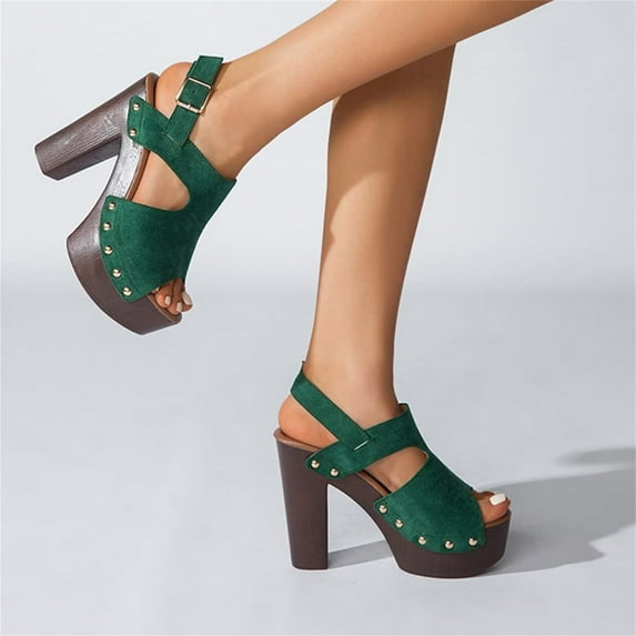 EQWLJWE Women鈥檚 Fashion Ladies Shoes, Faux Suede Trendy Party Studded Heeled Clogs w Buckle, Slide On Mid High Platform Block Fashion Heel Mule Sandals