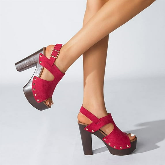 EQWLJWE Women鈥檚 Fashion Ladies Shoes, Faux Suede Trendy Party Studded Heeled Clogs w Buckle, Slide On Mid High Platform Block Fashion Heel Mule Sandals