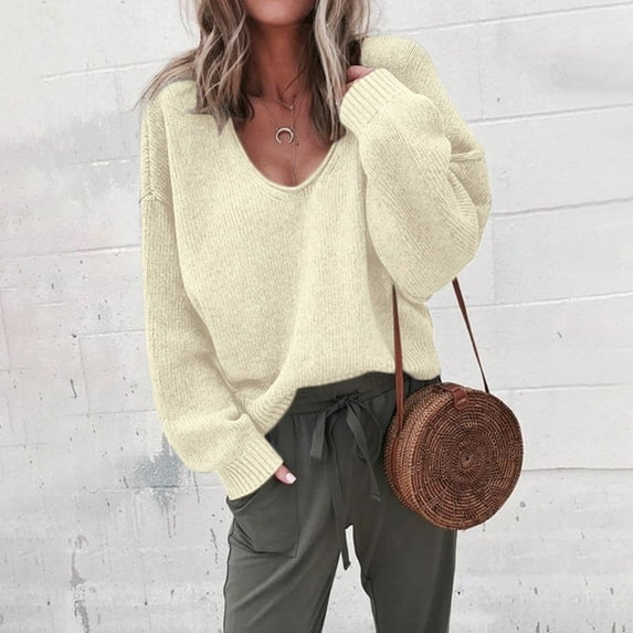 EQWLJWE Women Fashion V-neck Loose Pullover Solid Color Long Sleeves Sweater Tops Women's Sweater Holiday Clearance