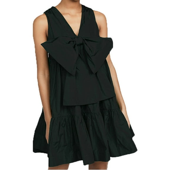 EQWLJWE Women Loose Casual Sleeveless V-neck Large Bow At Chest Solid Relaxed Casual Mini Dress