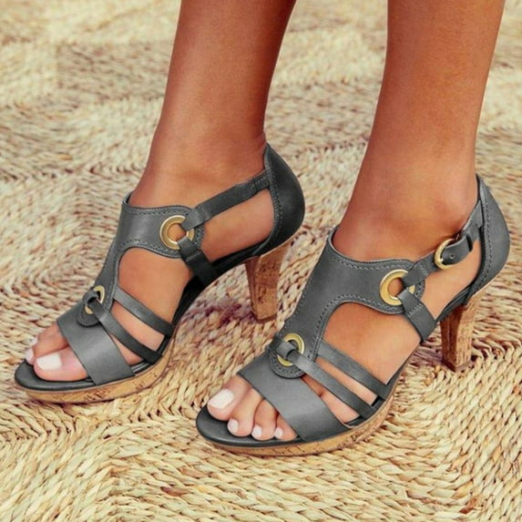 EQWLJWE Women鈥檚 Open Toe Ankle Strap Metal Buckle Strappy Chunky Heel Pump Sandals