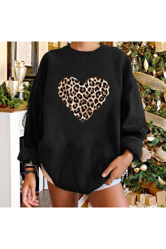 Women Plus Fleece Long-Sleeved Sweater Casual Fashion Leopard Print Love Hoodies Tops