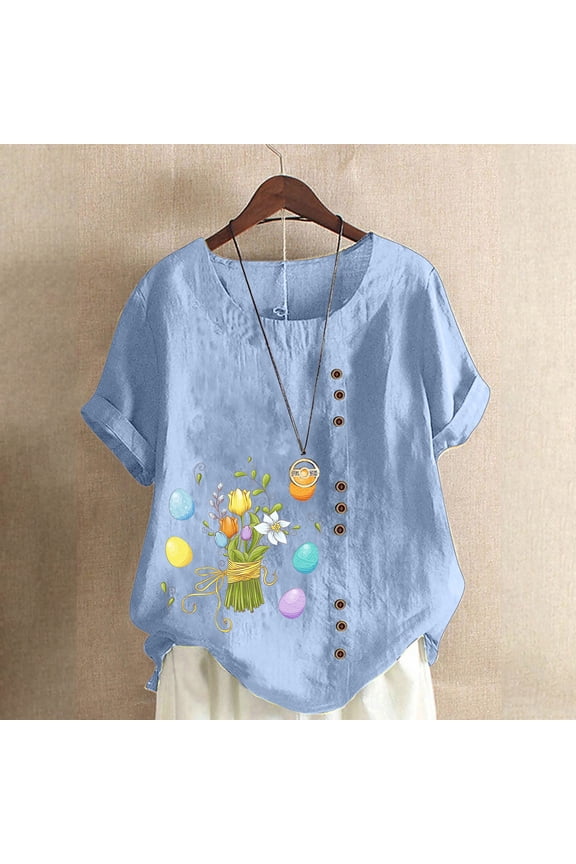 Women Plus Size Easter Tshirt Tops Trendy Floral Print Casual Loose Fit Tunic Tee Lady Summer Crewneck Blouse Easter Gifts Light Blue(S-5Xl)