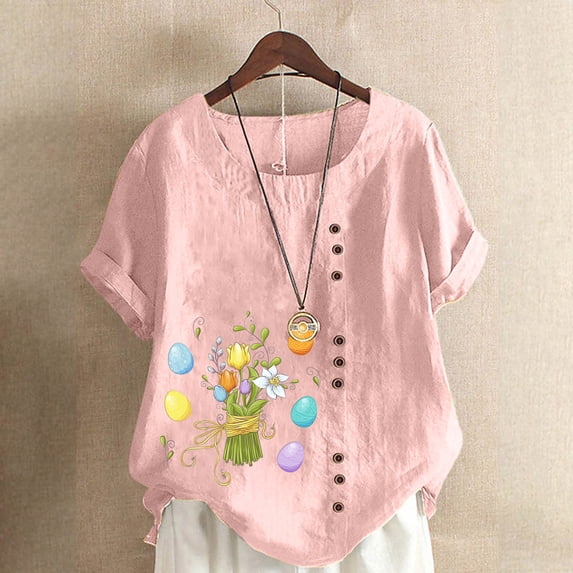 EQWLJWE Women Plus Size Easter Tshirt Tops Trendy Floral Print Casual Loose Fit Tunic Tee Lady Summer Crewneck Blouse Easter Gifts Pink(S-5Xl)