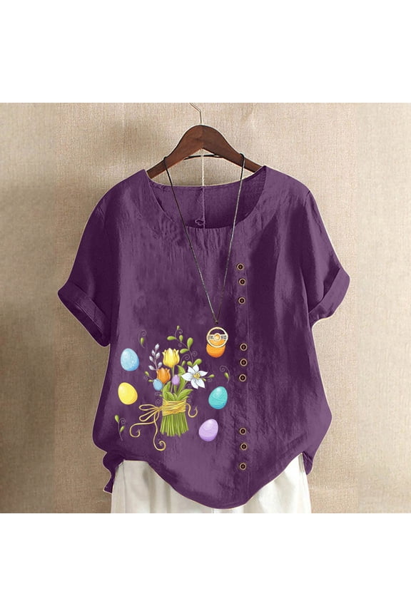 Women Plus Size Easter Tshirt Tops Trendy Floral Print Casual Loose Fit Tunic Tee Lady Summer Crewneck Blouse Easter Gifts Purple(S-5Xl)
