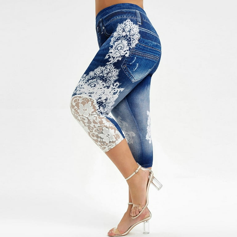 EQWLJWE Women Plus Size Jeans Jeggings Butt Lift Bermuda Yoga Leggings High  Waist Stretch Lace Trim Pencil Denim Pants