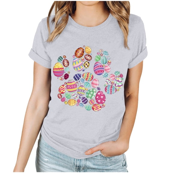 EQWLJWE Women Short Sleeve Graphic Tee Easter Eggs Cute Round Neck Tshirt Fun Design Trendy Tops Shirt Gifts Clothes Outfits for Going Out Gray(S-3XL)