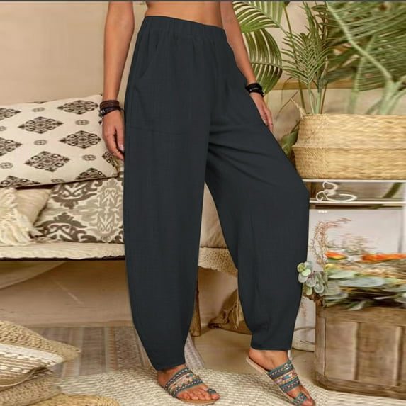 EQWLJWE Women Summer Beach Pants Casual Elastic Waisted Wide Leg Pants Loose Flowy Lounge Trousers for Travel Vacation Hawaiian Black(S-2XL)