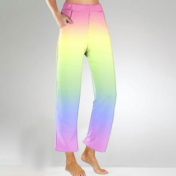 EQWLJWE Women Summer Wide Leg Pants 2024 New Gradient Print Elastic Waisted Beach Trousers Long Lounge Straight Pant with Pockets for Beach Trips(S-2XL)