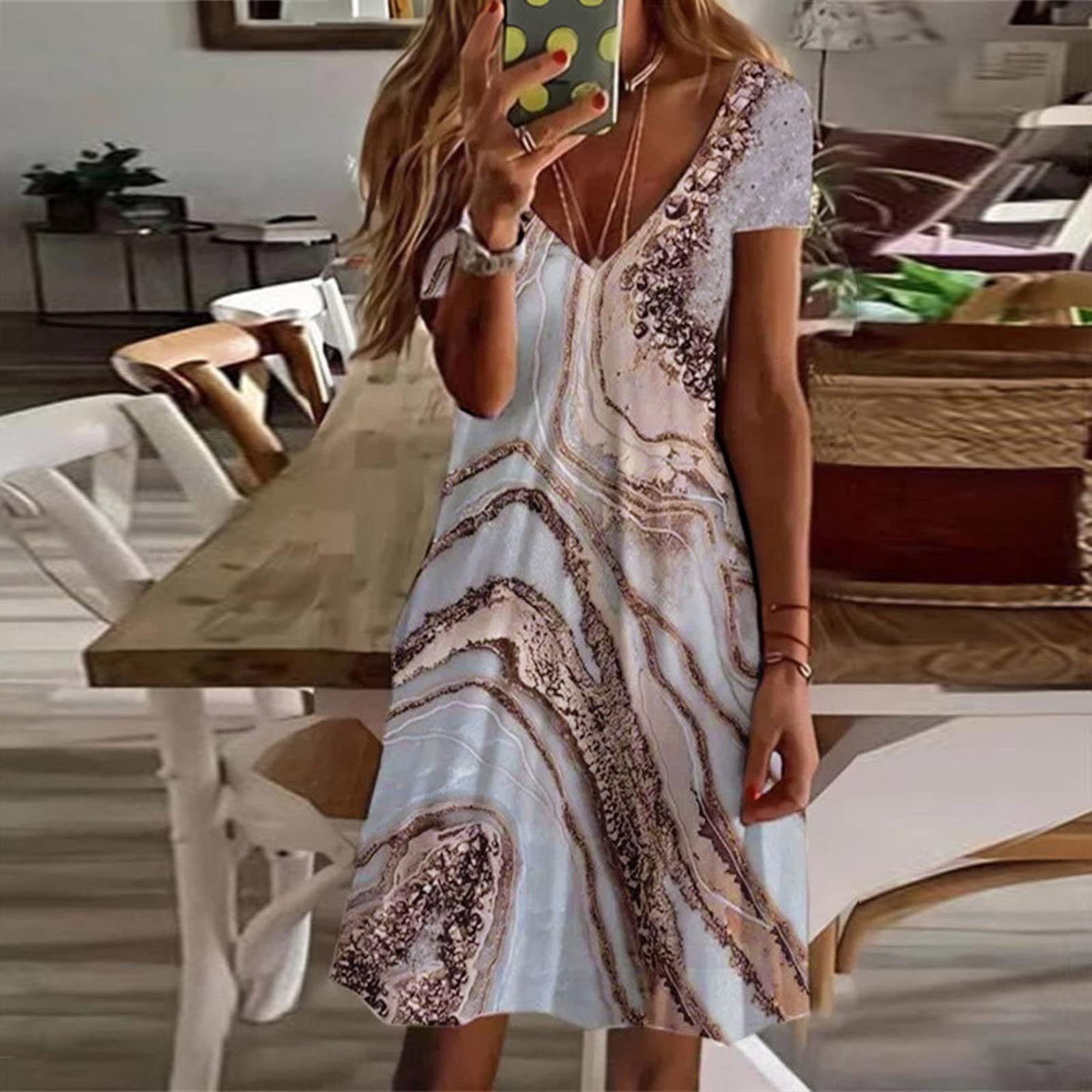 Wavlynn Vintage Brown Round Neck Printed Cotton Sundress Breathable Summer Outfit main image 0