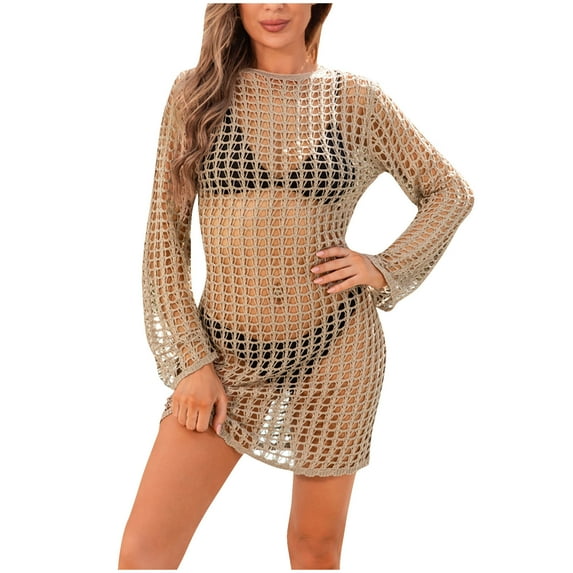 EQWLJWE Women Swimsuit Crochet Swim Cover Up Summer Bathing Suit Swimwear Knit Pullover Beach Dress Gift Khaki M