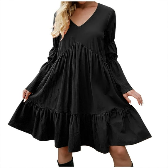 EQWLJWE Women Tunic Dress,V Neck with Lantern Long Sleeve Solid Color Loose Flowy Swing Shift Mini Dresses Gift Black XXL