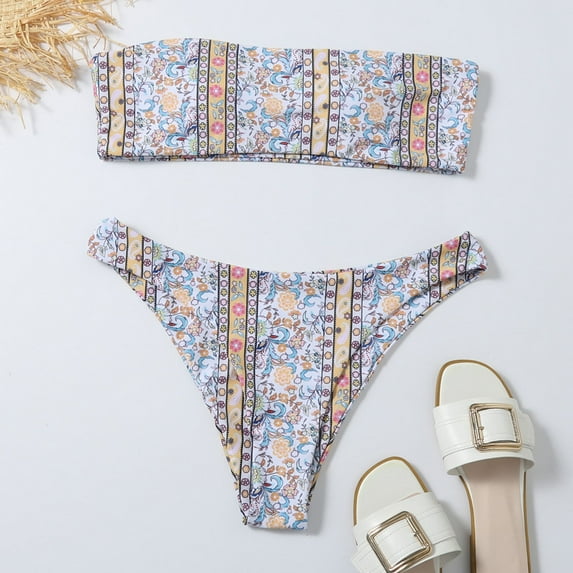 EQWLJWE Women's 2 Pieces Bandeau Bikini Swimsuits Off Shoulder High Waist Bathing Suit High Cut