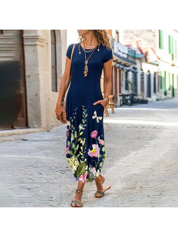 EQWLJWE Women's Casual Loose Pockets Short Sleeve Printed O-Neck Ankle-Length Dress