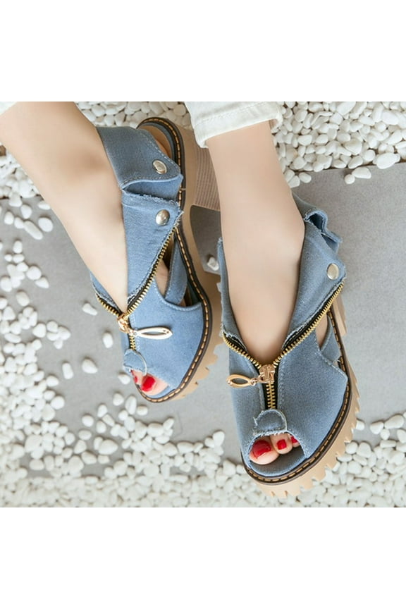 Women's Chunky Stacked High Heels Sandals Peep Toe Denim Zipper Summer Platform Block Heeled Sandal