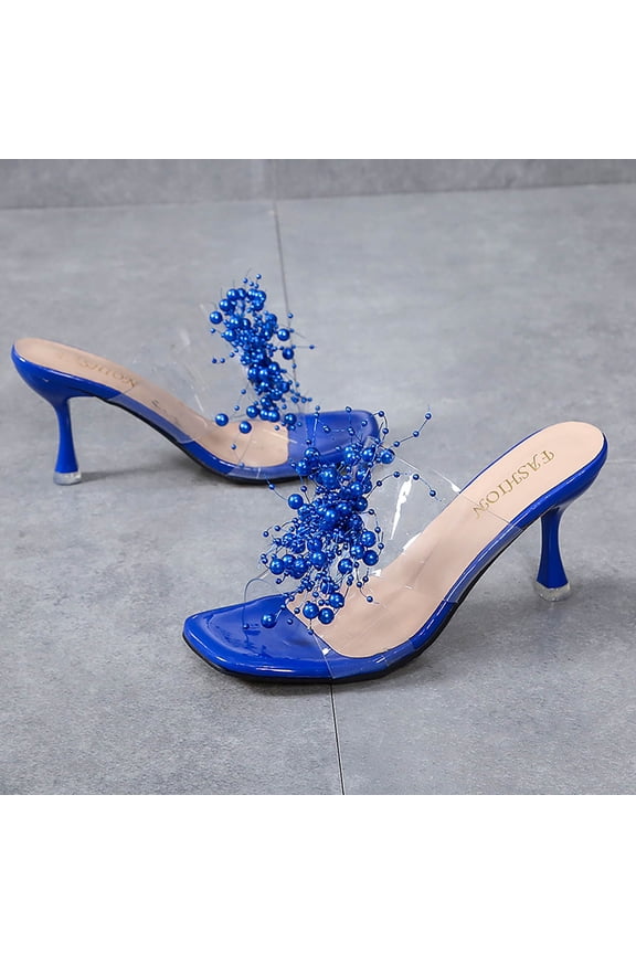 Women's Clear Square Toe Heels Sandals Transparent Strap with Pearls Stiletto High Heels Slip on Mules Heeled Sandals
