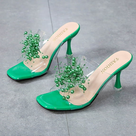 EQWLJWE Women's Clear Square Toe Heels Sandals Transparent Strap with Pearls Stiletto High Heels Slip on Mules Heeled Sandals