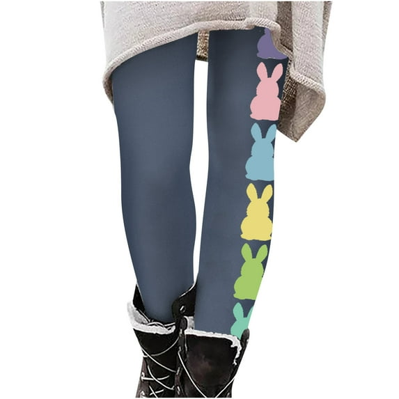 EQWLJWE Women's Easter Yoga Pants Trendy Easter Rabbit Graphic Full Length Workout Running Legging High Waist Sports Gym Activewear(Navy,L)