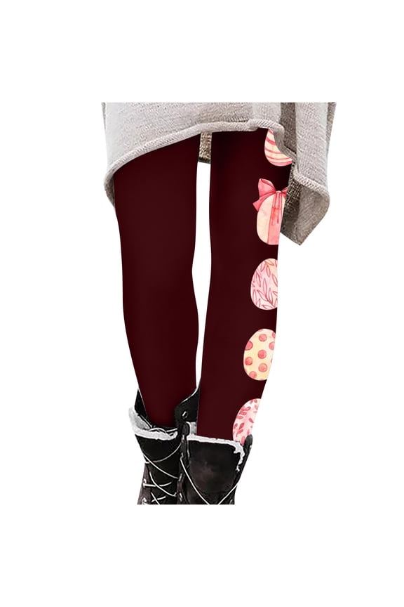 Women's Easter Yoga Pants Workout Joggers Cute Easter Eggs Graphic Full Length High Waist Leggings Gifts for Your Family(Wine,S)