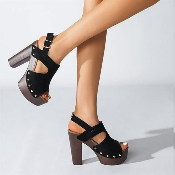 EQWLJWE Women’s Fashion Ladies Shoes, Faux Suede Trendy Party Studded Heeled Clogs w Buckle, Slide On Mid High Platform Block Fashion Heel Mule Sandals