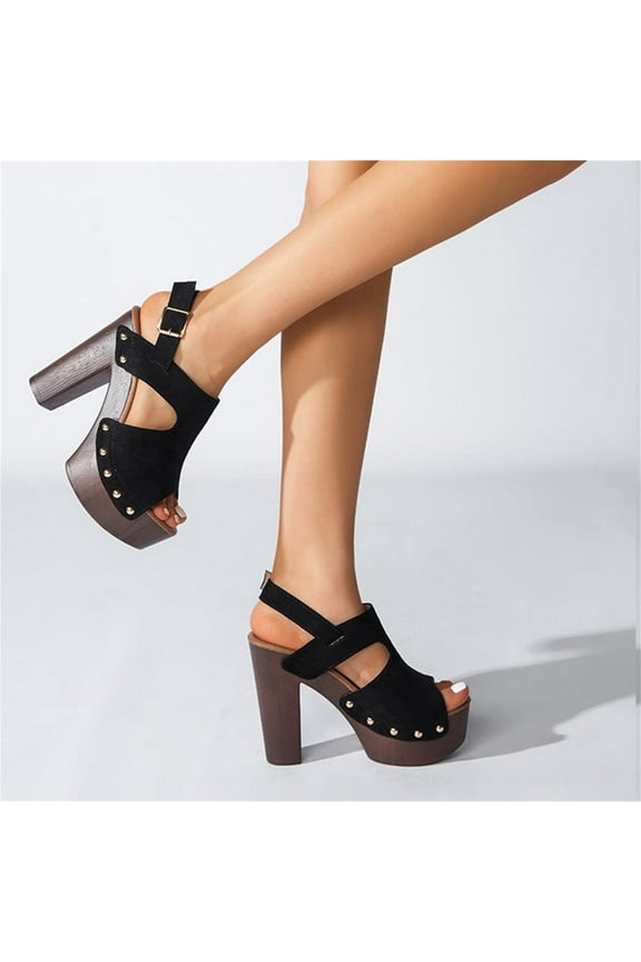 Women’s Fashion Ladies Shoes, Faux Suede Trendy Party Studded Heeled Clogs w Buckle, Slide On Mid High Platform Block Fashion Heel Mule Sandals