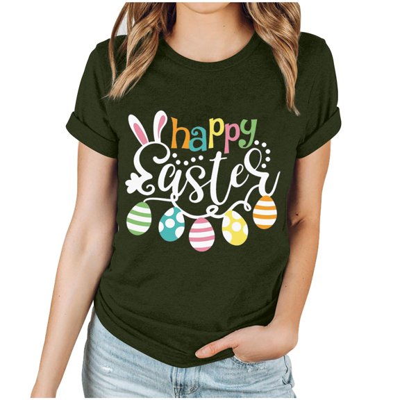EQWLJWE Women's Happy Easter Day T Shirt Bunny Eggs Graphic Tee Casual Crew Neck Short Sleeve Cute Easter Holiday Top for Church School Work Army Green(S-3Xl)