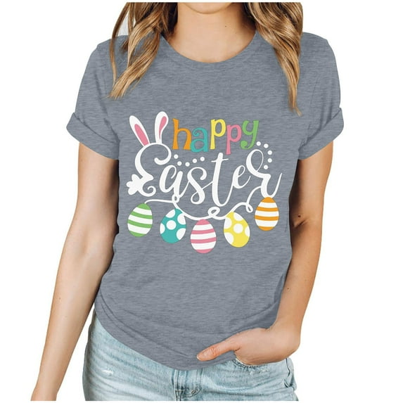 EQWLJWE Women's Happy Easter Day T Shirt Bunny Eggs Graphic Tee Casual Crew Neck Short Sleeve Cute Easter Holiday Top for Church School Work Dark Gray(S-3Xl)