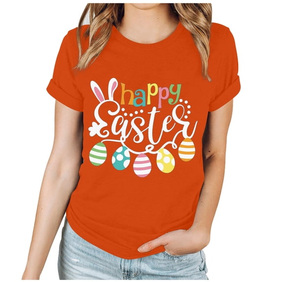 EQWLJWE Women's Happy Easter Day T Shirt Bunny Eggs Graphic Tee Casual Crew Neck Short Sleeve Cute Easter Holiday Top for Church School Work Orange(S-3Xl)