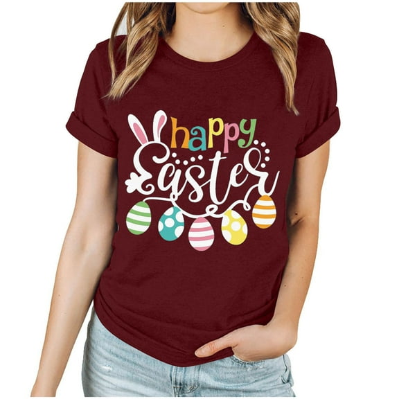 EQWLJWE Women's Happy Easter Day T Shirt Bunny Eggs Graphic Tee Casual Crew Neck Short Sleeve Cute Easter Holiday Top for Church School Work Wine(S-3Xl)