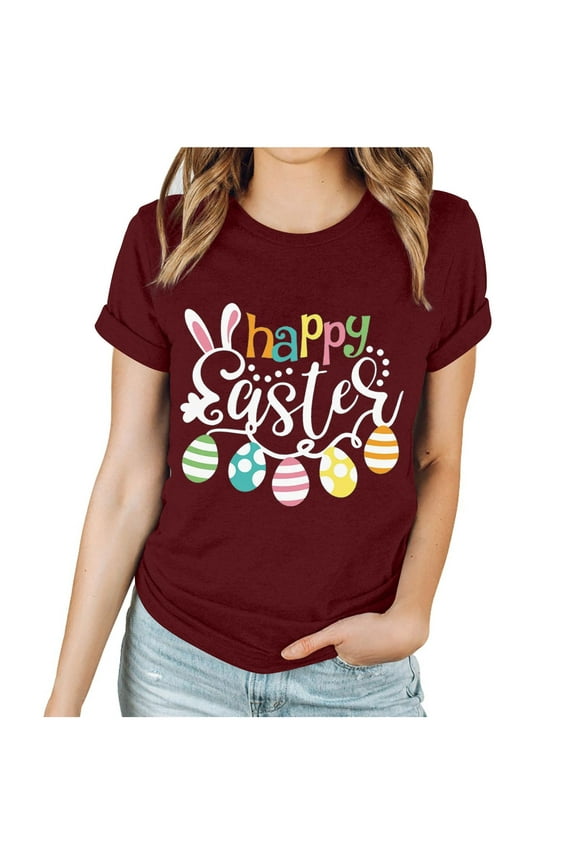 Women's Happy Easter Day T Shirt Bunny Eggs Graphic Tee Casual Crew Neck Short Sleeve Cute Easter Holiday Top for Church School Work Wine(S-3Xl)
