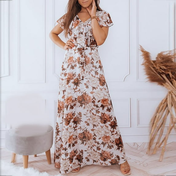 EQWLJWE Women's Jersey Women's Fashion Sexy England Short Sleeve Printing V Neck Lacing Slim Ankle-Length Dress(Belt Included) Holidy Clearance
