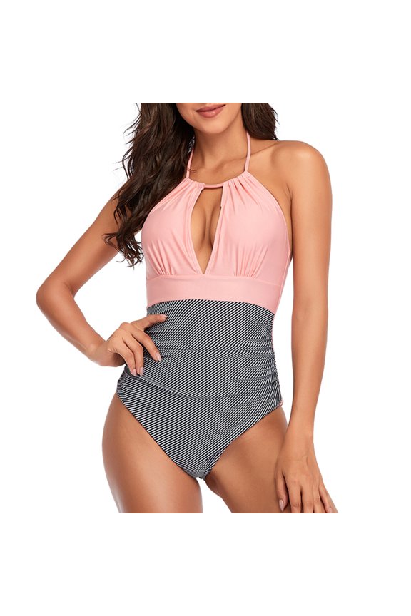 Women's One Piece Swimsuit Halter Plunge Neck Ruched Tummy Control Bathing Suits