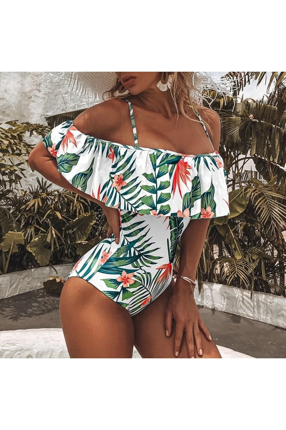 Women's One Piece Swimsuit Vintage Off Shoulder Ruffled Bathing Suits