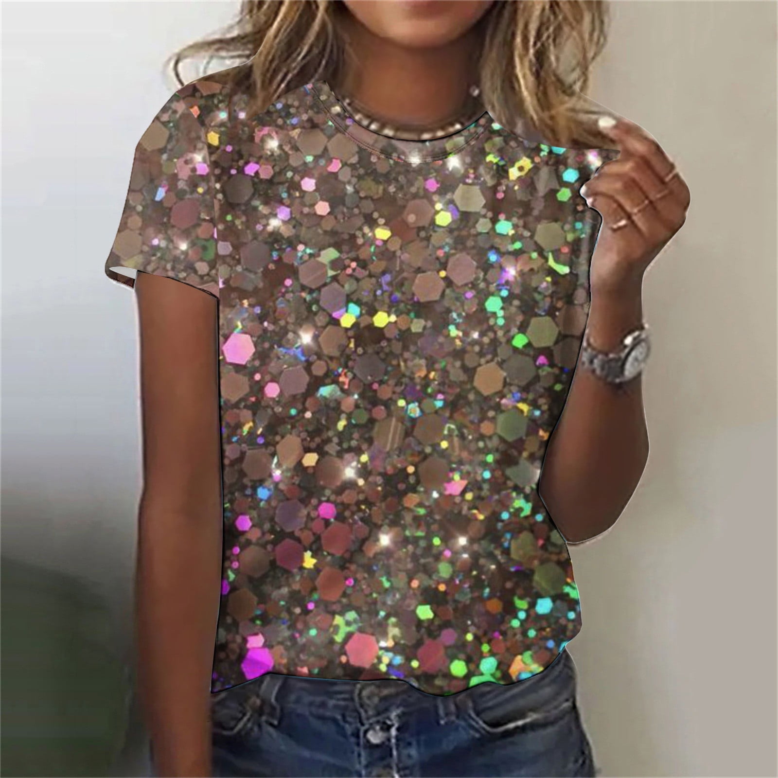 EQWLJWE Women's Oversized Sparkly Sequin Tops Trendy Short Sleeve ...