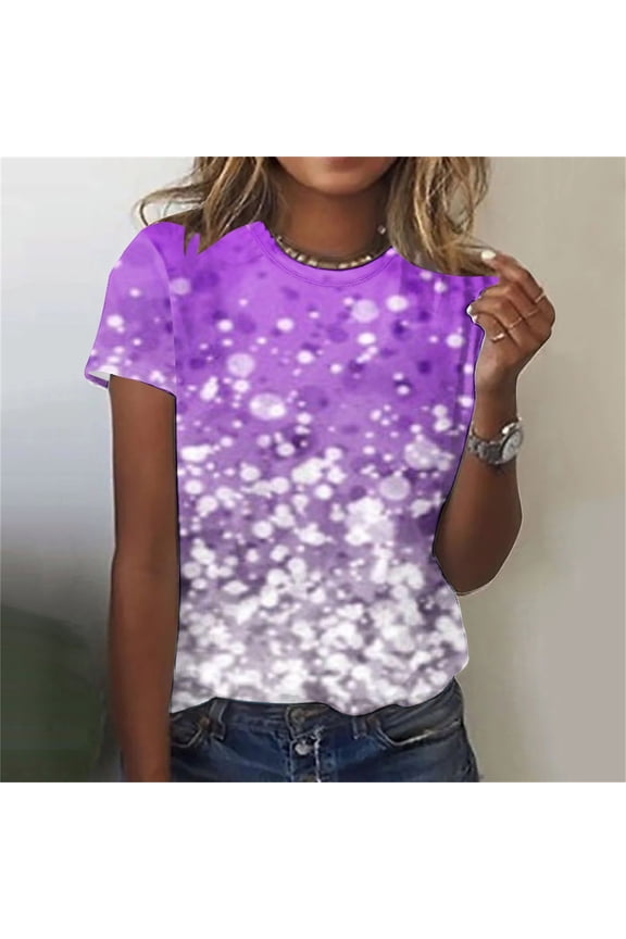 Women's Oversized Sparkly Sequin Tops Trendy Short Sleeve Glitter Dressy Blouses Round Neck Party Club Pullover Sequins Shirts New Year Gifts(Purple,S-6Xl)