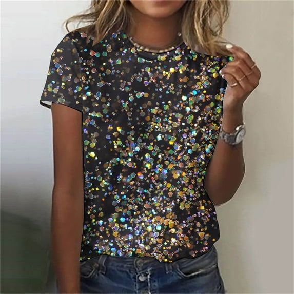 EQWLJWE Women's Oversized Sparkly Sequin Tops Trendy Short Sleeve Glitter Dressy Blouses Round Neck Party Club Pullover Sequins Shirts New Year Gifts(Black,S-6Xl)