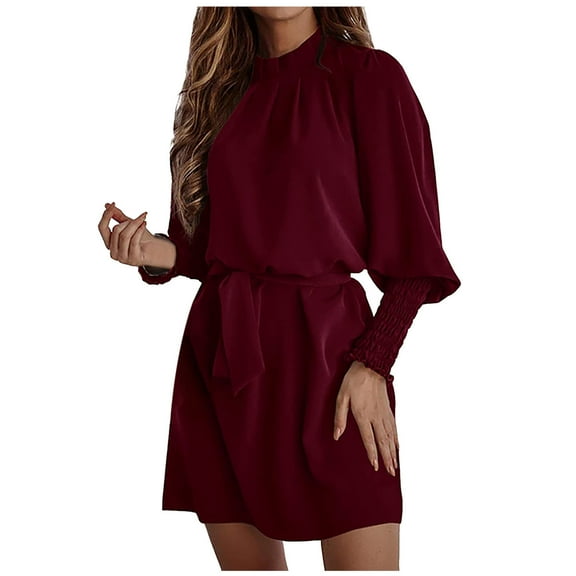 EQWLJWE Women's Round Neck Temperament Elegant Long Sleeve Solid Color Lace-Up Dress