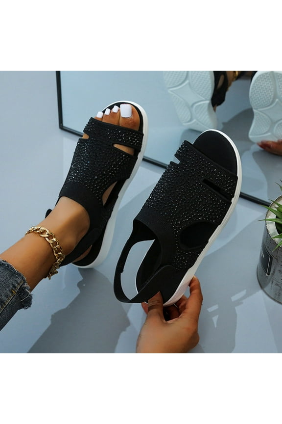 Women's Sandals Summer Casual Rhinestones Mesh Non Slip Comfortable Memory Foam Platform Wedge Slip On Sandals Ergonomic Walking Slides