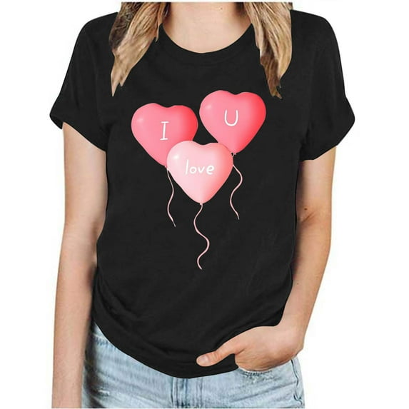 EQWLJWE Women's Short-Sleeve T-Shirt,Womens Tops Dressy Summer Casual Love Heart Print Graphic Tee for Women,Valentine's Day Gifts for Her Black(S-3XL)