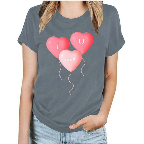 EQWLJWE Women's Short-Sleeve T-Shirt,Womens Tops Dressy Summer Casual Love Heart Print Graphic Tee for Women,Valentine's Day Gifts for Her Gray(S-3XL)