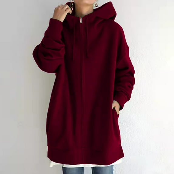 EQWLJWE Women's Solid Color Hoodie Zipper Long Sleeve Sweatshirts Long Coat Tops With Pockets
