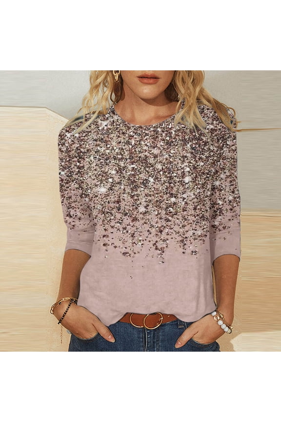 Women's Sparkle Glitter Shirts Party Sequin Blouse Plus Size 3/4 Sleeve Round Neck Glitzy Tee-Shirt Personalized Night Out Cocktail Tops(S-5Xl)