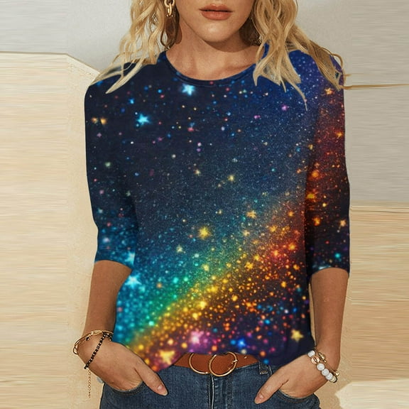 EQWLJWE Women's Sparkle Glitter Shirts Party Sequin Blouse Plus Size 3/4 Sleeve Round Neck Glitzy Tee-Shirt Personalized Night Out Cocktail Tops(S-5Xl)