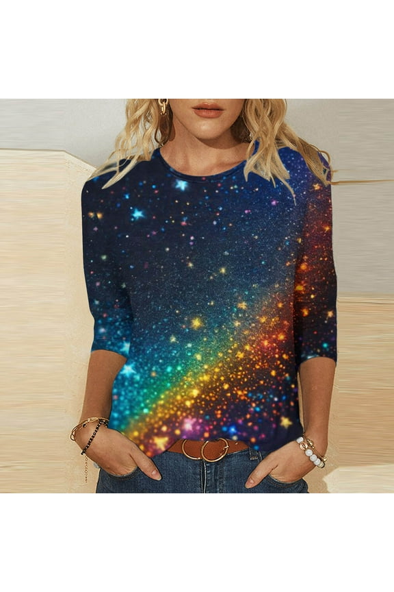Women's Sparkle Glitter Shirts Party Sequin Blouse Plus Size 3/4 Sleeve Round Neck Glitzy Tee-Shirt Personalized Night Out Cocktail Tops(S-5Xl)