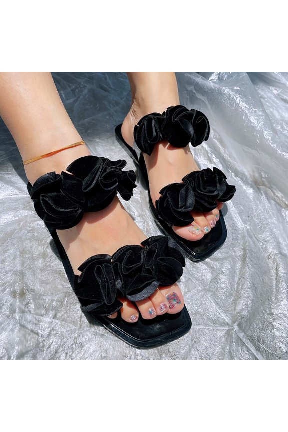 Women's Square Open Toe Flat Sandals Braided Strap Slip-on Slides Mules Flower Leather Slipper