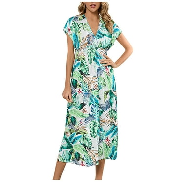 EQWLJWE Women's Summer Bohemian V-neck Open Back Binding Casual Print Dress Holiday Clearance