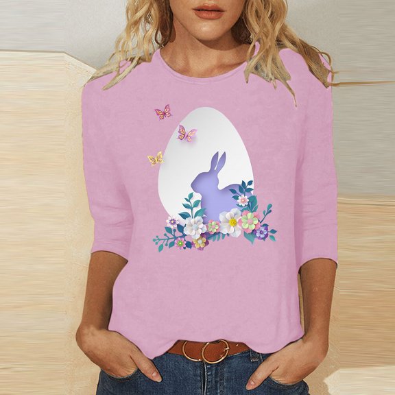 EQWLJWE Women’s Top Plus Size Tunic Easter Day 3/4 Sleeve Shirt Round Neck Cute Bunny Floral Eggs Graphic Blouses Casual Pullover Tee for Vacation Trip Hawaiian(Pink,S)